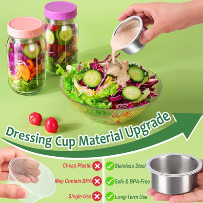 KTKUDY 4 Pack 32 oz Glass Salad Jars with Dressing Cups (Pod) - Meal Prep Salad Container for Lunch - Leakproof Mason Jars with Lids
