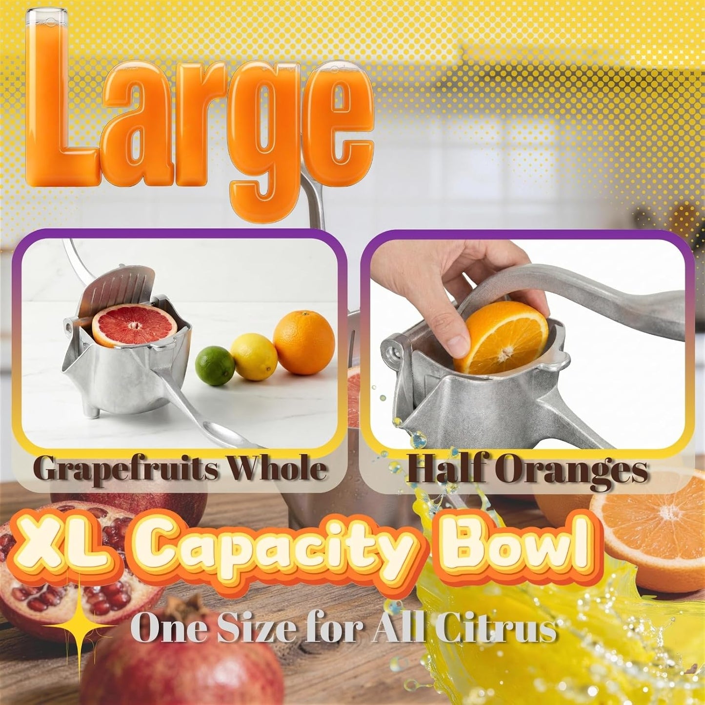 Lemon Squeezer, Heavy Duty Aluminum Manual Juicer, Extended Handle Hand Press Citrus Juicer, Non-Slip Base, Large Capacity for Orange, Lime, Pomegranate