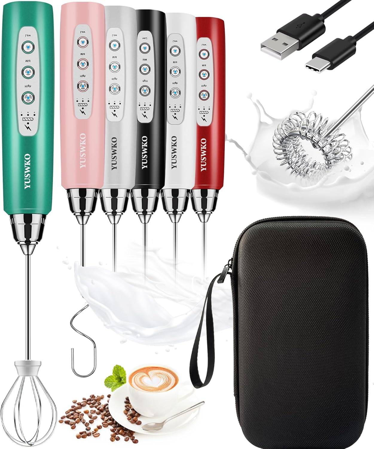 YUSWKO Black Handheld Milk Frother Wand for Coffee, Rechargeable Electric Whisk with 3 Heads 3 Speeds Drink Mixer Coffee Frother For Latte, Cappuccino, Hot Chocolate, Egg