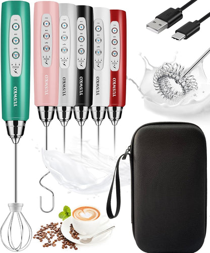 YUSWKO Black Handheld Milk Frother Wand for Coffee, Rechargeable Electric Whisk with 3 Heads 3 Speeds Drink Mixer Coffee Frother For Latte, Cappuccino, Hot Chocolate, Egg