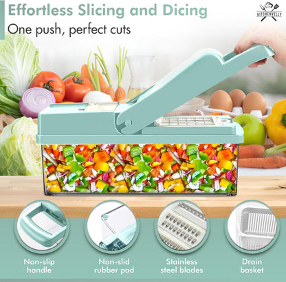 Vegetable Chopper 16 in 1 with Container, Veggie Chopper Food Chopper and Dicer, Onion Chopper Vegetable Cutter with 8 Stainless Steel Blades, Easy Meal Prep Kitchen Tool, Green