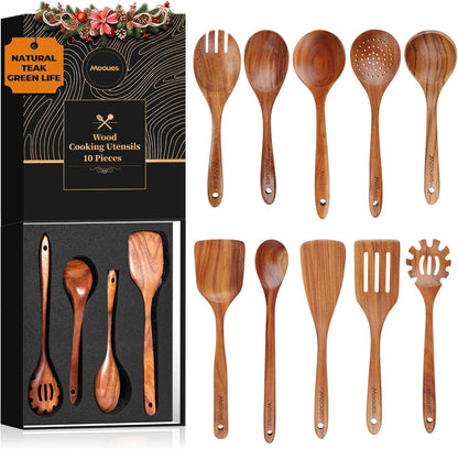 Wooden Ladle for Soup, 3 Size Teak Wood Ladle Spoon with Back Hooks, Heat Resistant Wooden Spoons for Cooking, Non-Stick, Comfortable Grip, Wood Kitchen Utensils Set for Serving, Stirring