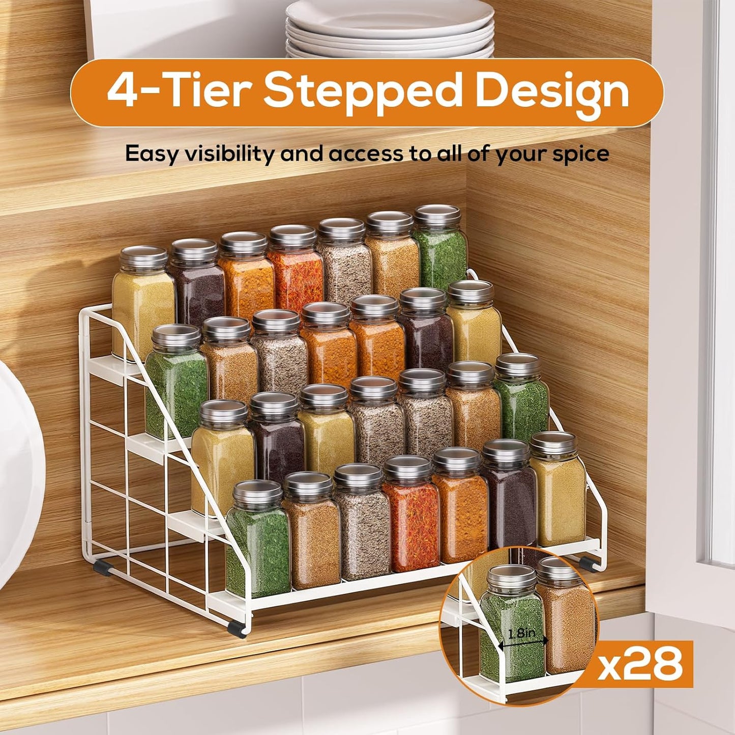Spice Rack Organizer for Cabinet, 4 Tiered Spice Rack Organizer, Tiered Adjustable Spice Shelf for Kitchen Countertop Organization, Bright Black