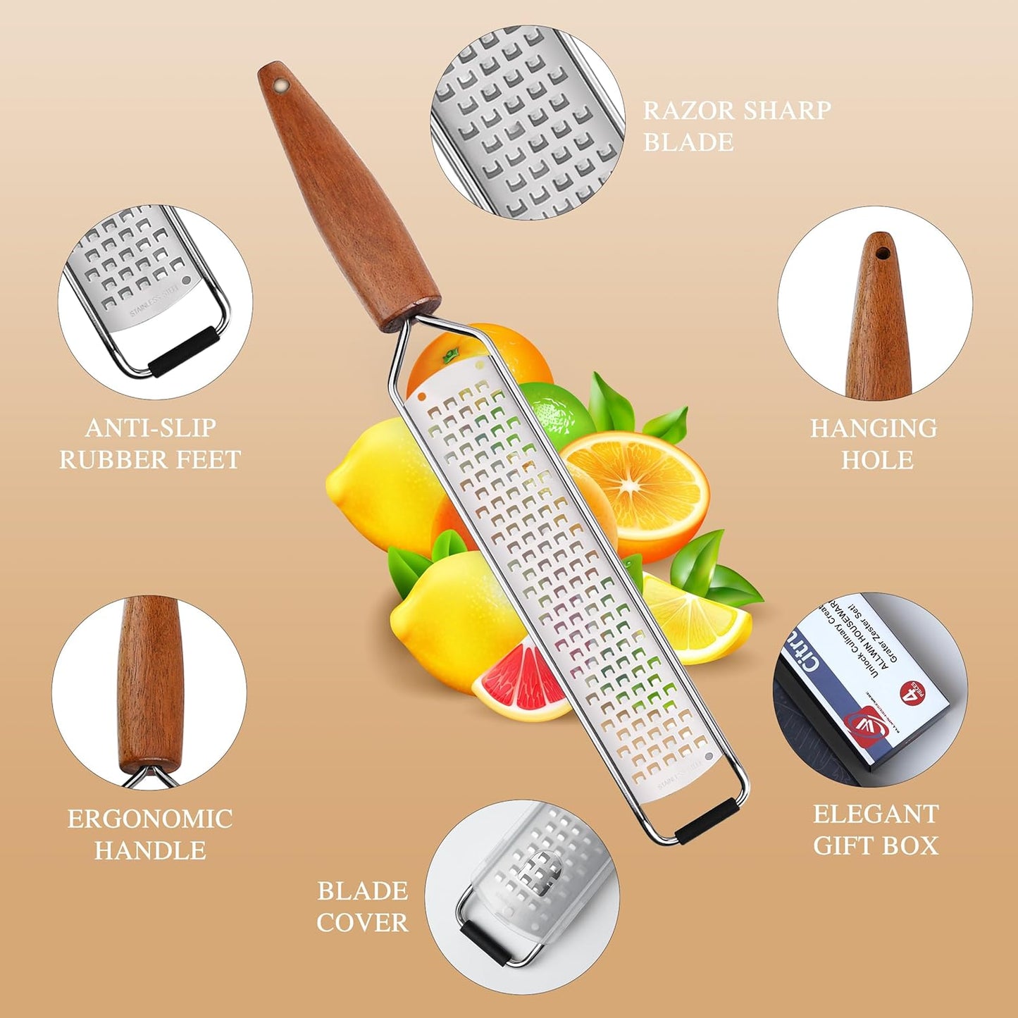 Lemon Zester, Stainless Steel Kitchen Cheese Grater, Plastic Cover Ergonomic Soft Black Handle
