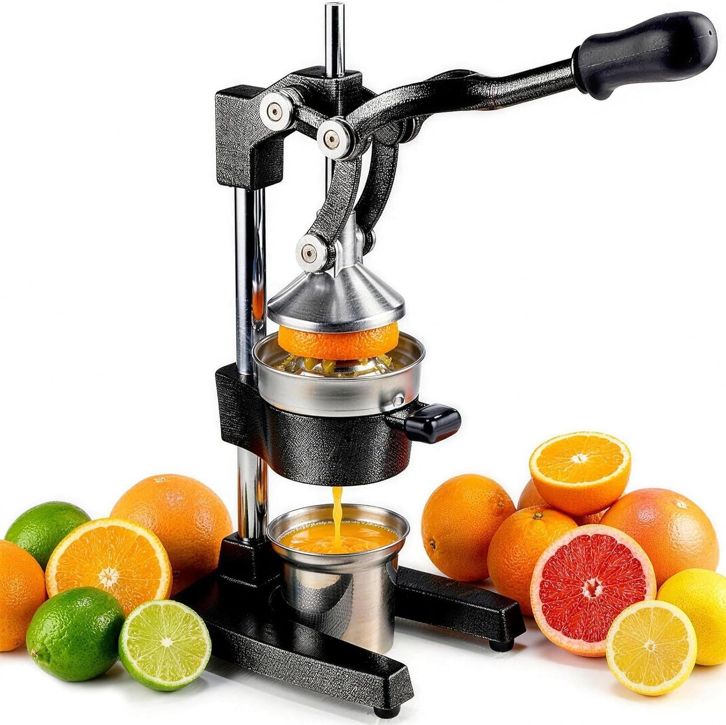 Cast Iron Citrus Juicer Hand Press, Heavy Duty Manual Orange Juicer Squeezer with 304 Stainless Steel Cup & Strainer, Lemon Grapefruit Pomegranate Press, Grey