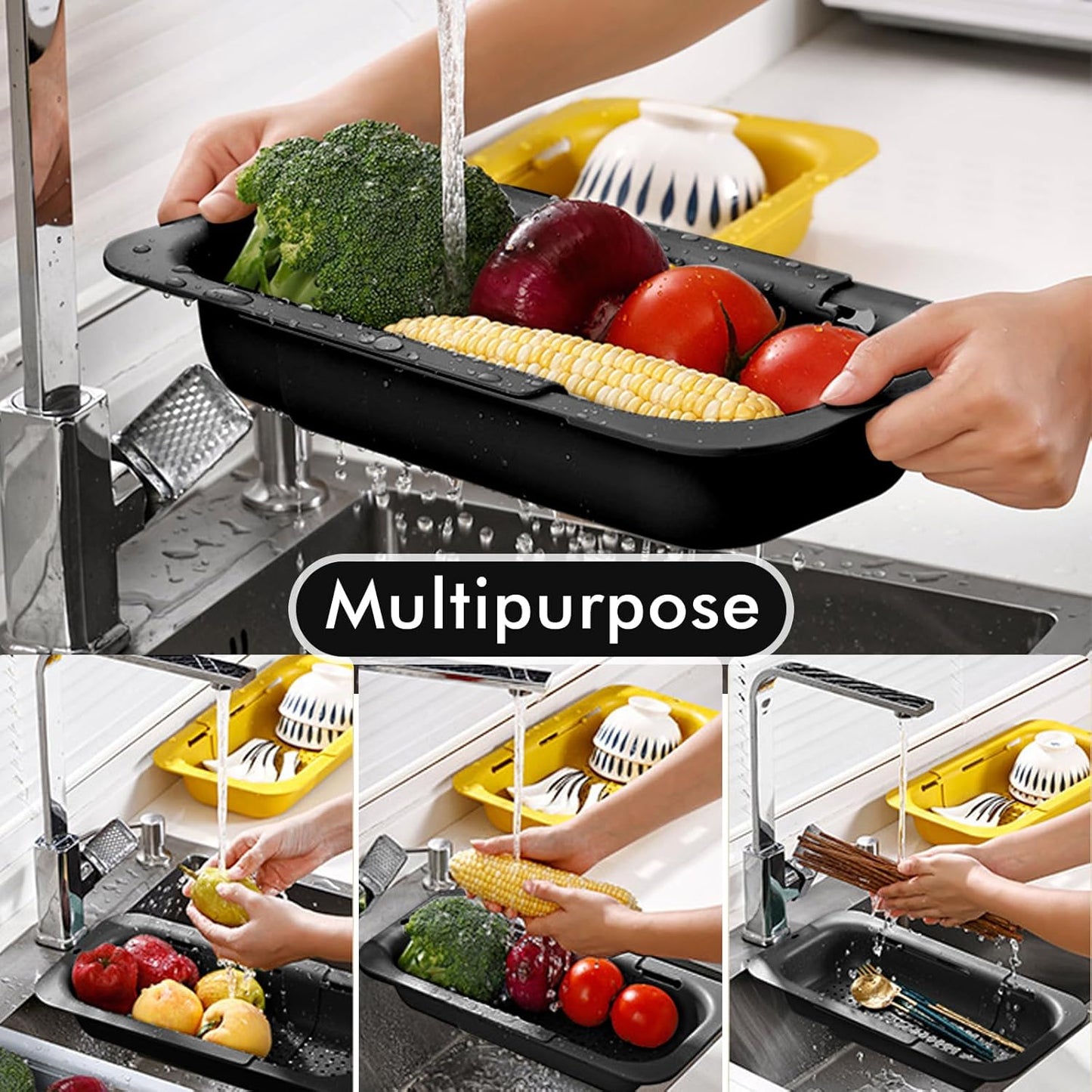 Collapsible Sink Colanders and Strainers Basket Over the Sink Colander Collapsible Colander Extendable Plastic Fruit Vegetable Strainer Drainer Basket for Kitchen(Length 14.3 inch-19.4 inch) (Pink)