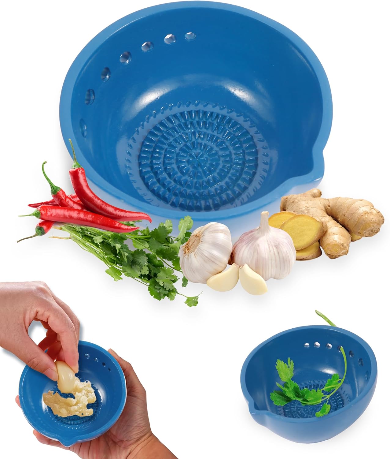Herb Stripper & Garlic Grater, 2-In-1 7-Hole Design Herb Stripper Bowl, Built-in Garlic Grater Plate for Kale, Chard, Collard Greens, Thyme, Basil, Rosemary (Red)