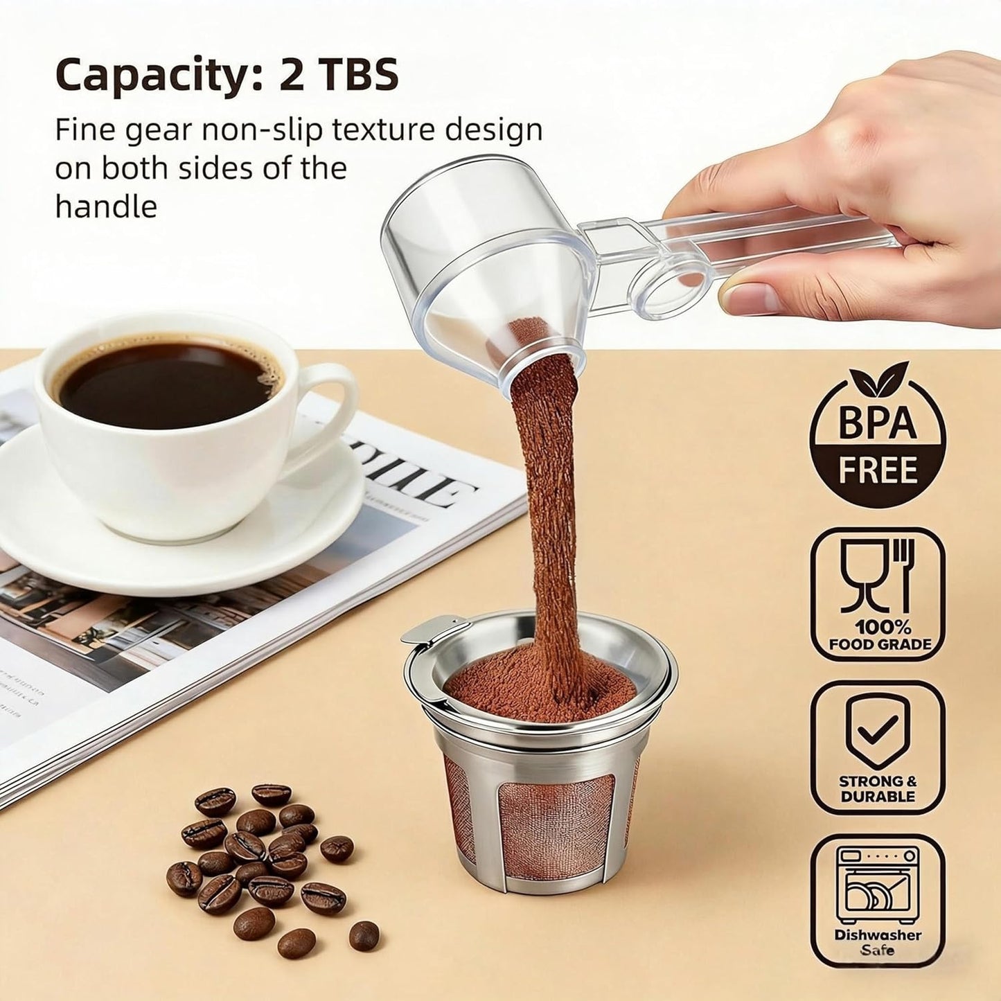 Coffee Scoop 2Tbsp & 51mm Espresso Tamper - BPA-Free PCTG Scoop Funnel, Fits K-Cups, Precise Measuring for Coffee/Protein/Powder/Hot Cocoa & Formula Dispensers (Black 1Pack)