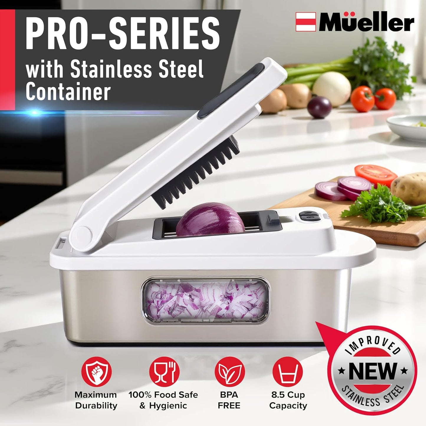 Mueller Pro-Series 10-in-1, 8 Blade Vegetable Chopper, Onion Mincer, Cutter, Dicer, Egg Slicer with Container, French Fry Cutter Potato Slicer, Home Essentials, Salad Chopper White Sand/Green