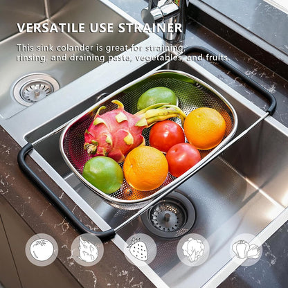 GREATLINK Over Sink Expandable Colander - Fine Mesh Strainer Basket with Extendable Handles for Kitchen, 6QT Vegetable Fruit Pasta Strainer for Washing Rice, Kitchen Colander