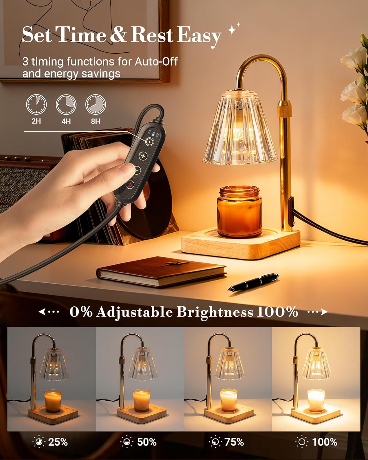 Marycele Candle Warmer Lamp with Timer & Dimmer - Mothers Day Gifts for Women Mom Her, Aesthetic Office Home Decor, Adjustable Height Wax Melter for Candle Jar & 3-Wick Candles (2 Bulbs Included)