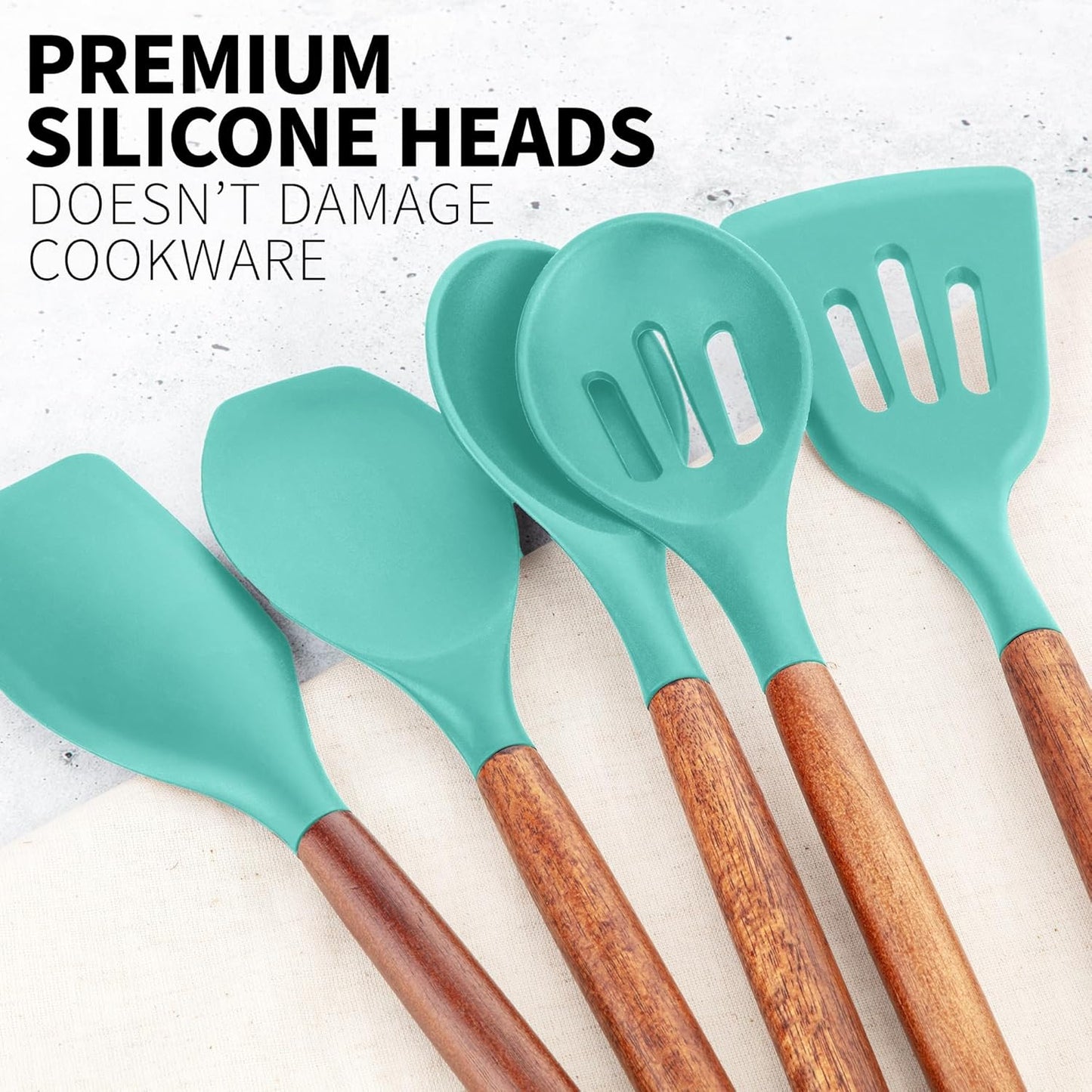 Zulay Kitchen Utensils Set Non-Stick Silicone Cooking Utensils Set with Authentic Acacia Wood Handles - 5 Piece Silicone Utensil Set - Kitchen Utensils Set with 464°F Heat Resistance - Gray
