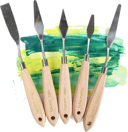 CONDA Palette Knife Painting Stainless Steel Spatula Palette Knife Oil Paint Metal Knives Wood Handle (Red 5 Piece)