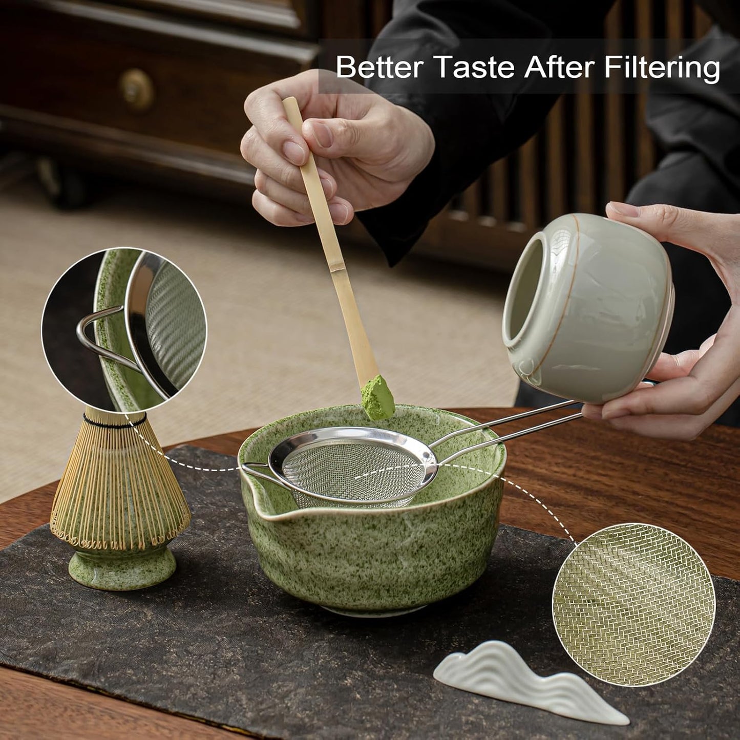 Matcha Set, Matcha Whisk Set Includes Matcha Bowl and Whisk, Whisk Holder, Sifter, Scoop, Spoon Holder, Tea Towel- 7pcs Perfect Matcha Kit for Matcha Tea Ceremony