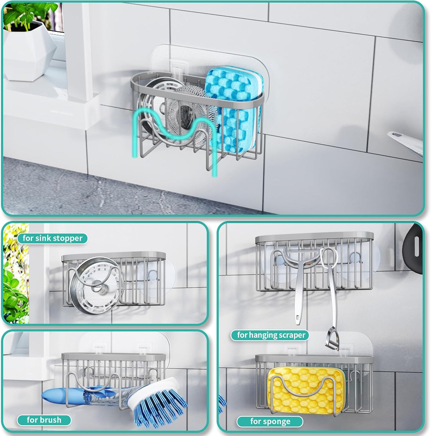 HapiRm Multifunctional Sponge Holder with Unique M-Shaped, 2 Installation Methods Kitchen Sink Caddy Organizer, Rustproof Stainless Steel Kitchen Organizers and Storage Essentials - Black