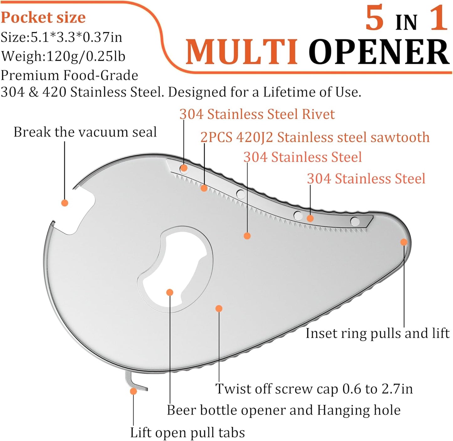 Uinxan Bottle & Jar Opener for Weak Hands & Seniors – 5 in 1 for Vacuum Seals, Soda, Small Jar Lids(0.6"-2.7"), Beer Caps, Pull Tabs – Multifunction Portable Tool for Elderly/Women/Men (Silver)