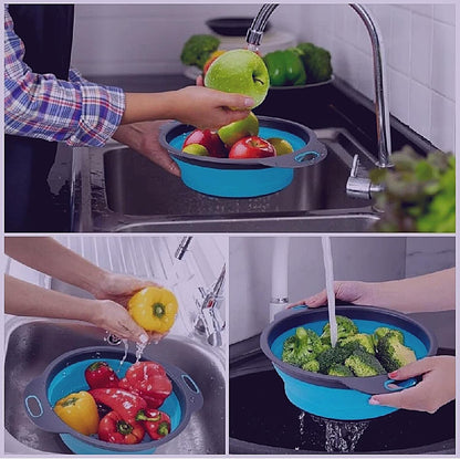 Green Kitchen Strainer Colander Set - 2 PCS Multifunctional Colander Silicone Food Strainers for Kitchen for Pasta and Spaghetti Collapsible with Plastic Handles