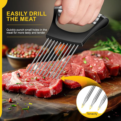 Premium Onion Slicer, Stainless Steel Onion Holder for Slicing, Kiwifruit, Tomatoes, Avocados, Eggs, Lemon, Meat, Potato, Third Generation Onion Cutter with Protective Cover