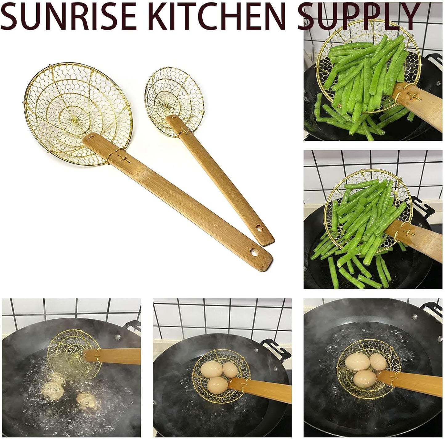 5" & 7" Round Brass Spider Strainer with Bamboo Handles Set Sunrise Kitchen Supply