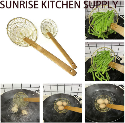 5" & 7" Round Brass Spider Strainer with Bamboo Handles Set Sunrise Kitchen Supply