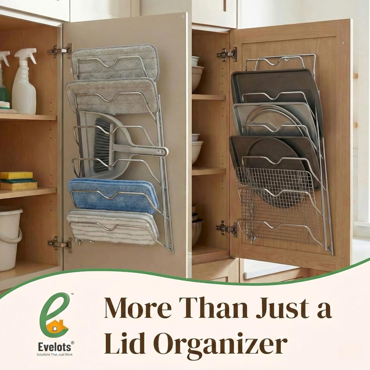 Evelots 6 Pot Lid Organizer for Cabinet Door or Pantry Wall - Closet Door Pots and Pans Lids Holder - Glass or Metal Pan Covers Cabinet Organizer Kitchen Storage - White 6 Tier Lid Rack