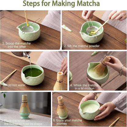 Buucup Matcha Whisk Set, Ceramic Matcha Kit Set Includes Matcha Bowl, Matcha Whisk and Holder, Bamboo Scoop, Scoop Rest, Sifter and Tea Towel - 7 Pcs Matcha Kit for Matcha Lovers (Mottled Green)