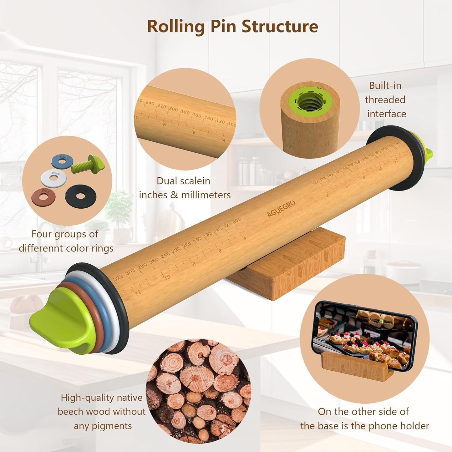 Rolling Pin with Adjustable Thickness Ring, Dough Thickness for Baking, Fondant, Pizza, Crust, Cookies, Pastry, 13.6" Wooden Rolling Pin with 4 Multi-Color Thickness Rings and Wooden Stand