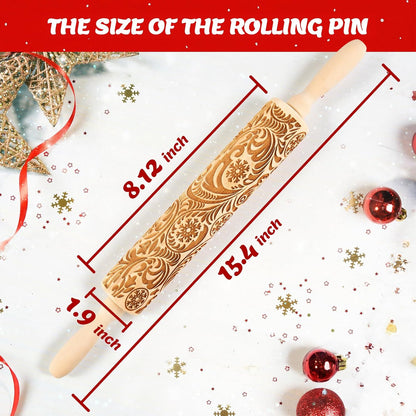 Christmas Gifts Wooden Embossed Rolling Pin for Baking, Stocking Stuffers Gifts for Women, Deep Engraved Embossing Rolling Pins with Snow Pattern Designs for Baking Cookies Stamps Roller DIY Tools