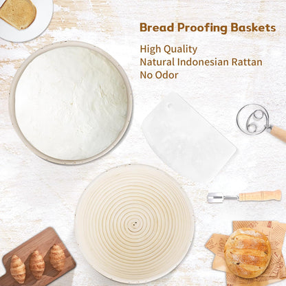 Bread Proofing Basket Kit, 9 In Round Sourdough Proofing Basket with Linen Liner, Silicone Bread Sling, Bread Lame, Danish Dough Whisk, Dough Scraper Kit, Silicone Brush & Bowl Scraper