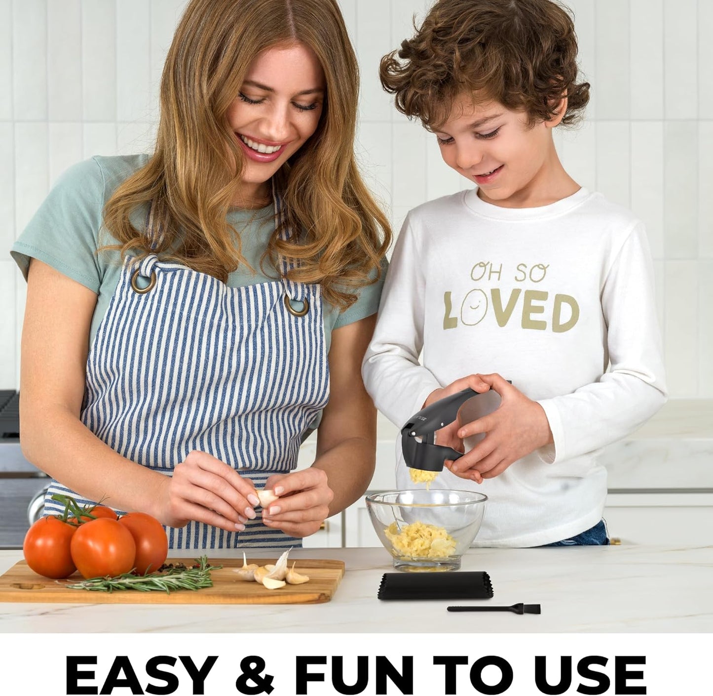 Zulay Kitchen Premium Garlic Press Set - Rust Proof Professional Garlic Mincer Tool - Easy-Squeeze, Easy-Clean with Soft, Ergonomic Handle - Silicone Garlic Peeler & Brush (Silver)