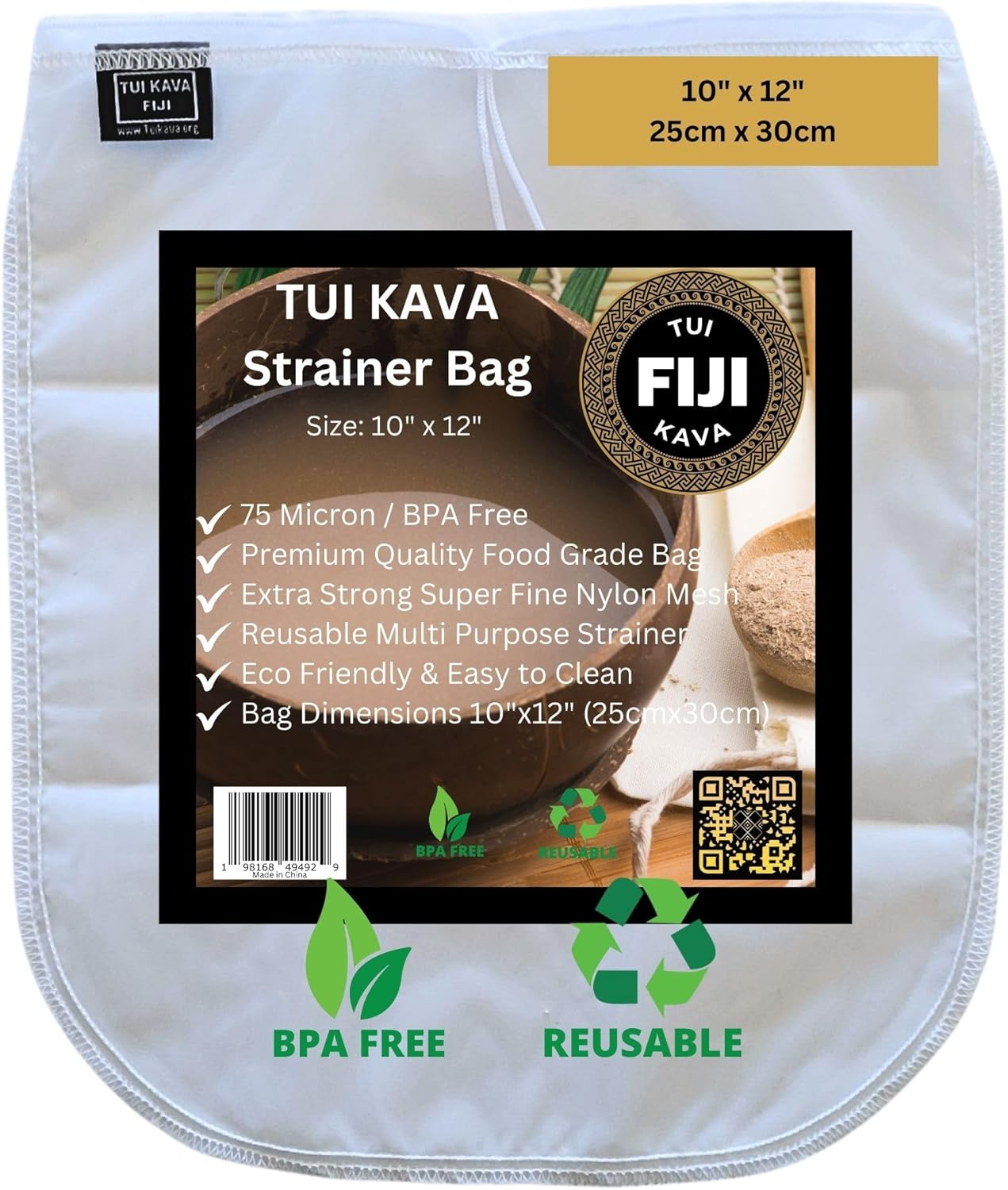 Traditional Kava Strainer Filter | 75 Micron Nylon Commercial Food Grade Quality | BPA-Free | Nut Milks | 10 x 12 inch | Draw string | Durable | Reusable | Environment friendly packaging