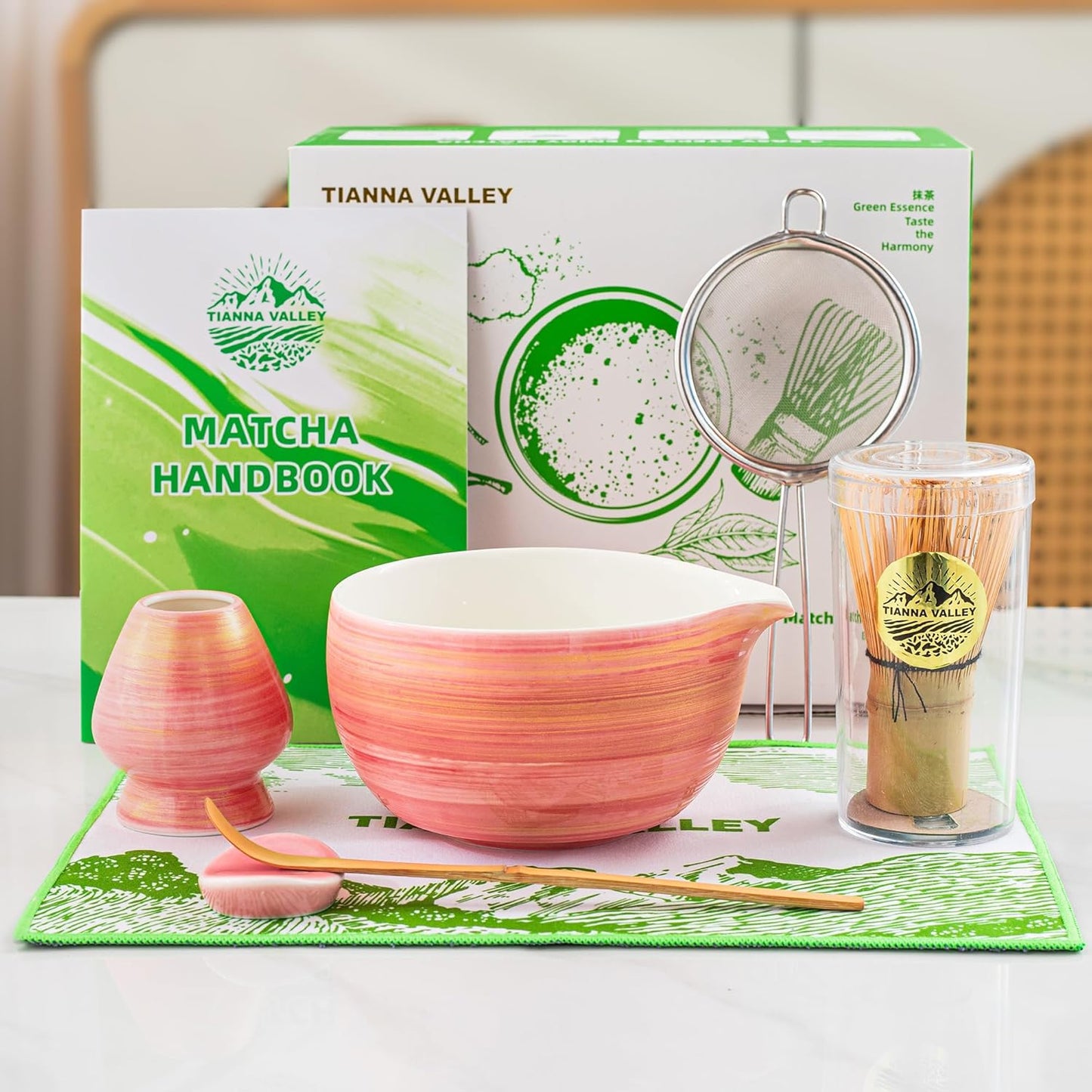 Matcha Whisk Set,7 Pcs Matcha Set Light Green,Matcha Kit for Ceremony,480Ml Ceramic Bowl(chawan) with Spout,Bamboo Whisk and Holder,Tradition Tea Set,Unique Gift
