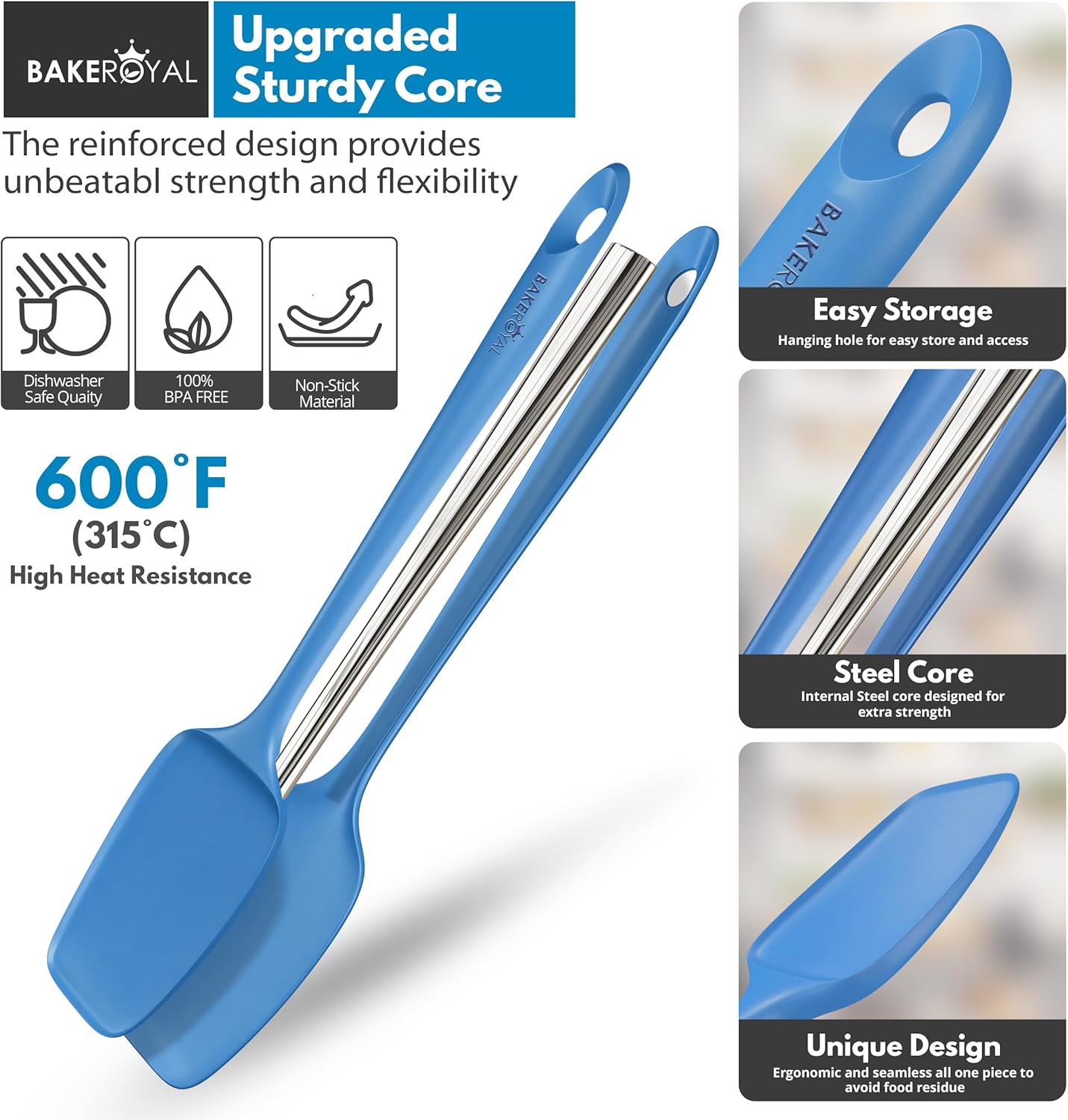 BakeRoyal Silicone Spatula Set - 4-Piece Rubber Spatulas Silicone Heat Resistant 600°F for Everyday Task - Seamless Design Kitchen Spatulas for Nonstick Cookware - Royal Blue