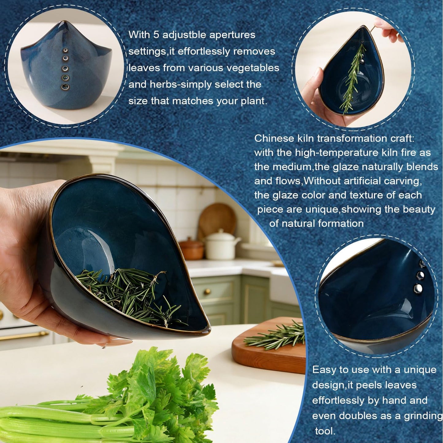 Pottery Herb Stripper Bowl,Herb Stripper,Kiln Transformation Blue and White Pattern Ceramic Herb Stripper Bowl Pottery Herb Stripper,Kitchen for Efficient Kale/Cilantro/Thyme Leaf Removal（Green