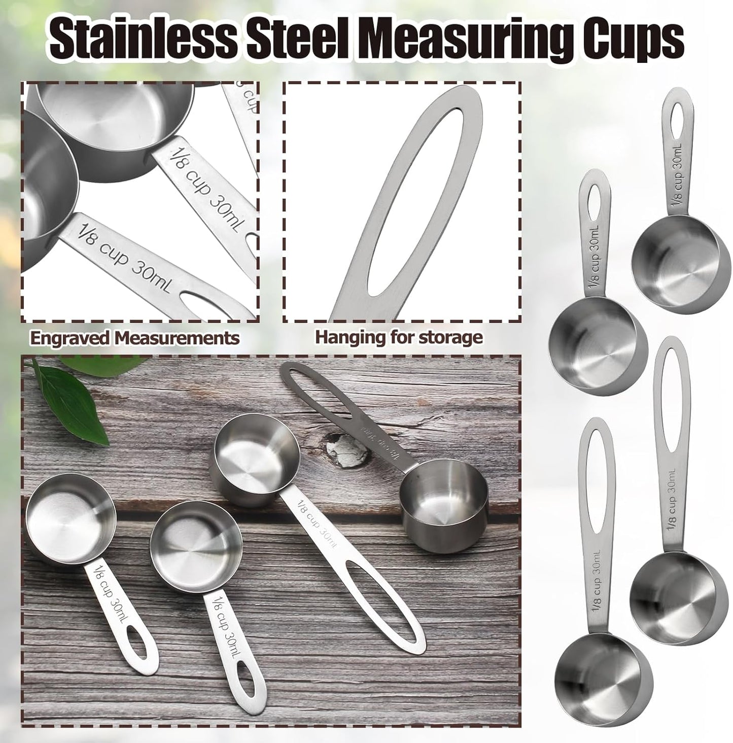 Luomorgo 4 Pcs Stainless Steel Measuring Scoops - 1/8 Cup (30ml) Long/Short Handle Scoop for Coffee, Tea, Baking, Kitchen