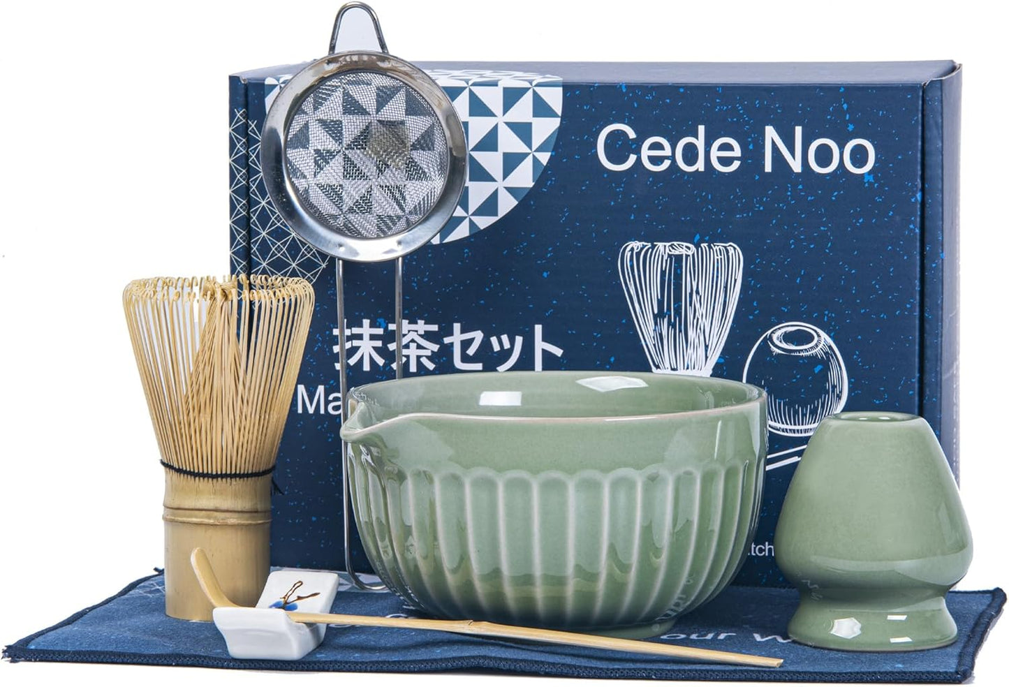 7pcs Matcha Whisk Set with 18oz Spout Bowl, Japanese Tea Ceremony Kit, Natural Bamboo Whisk Scoop, Ceramic Holder Sifter Towel, Best Gift for Beginners and Matcha Lovers