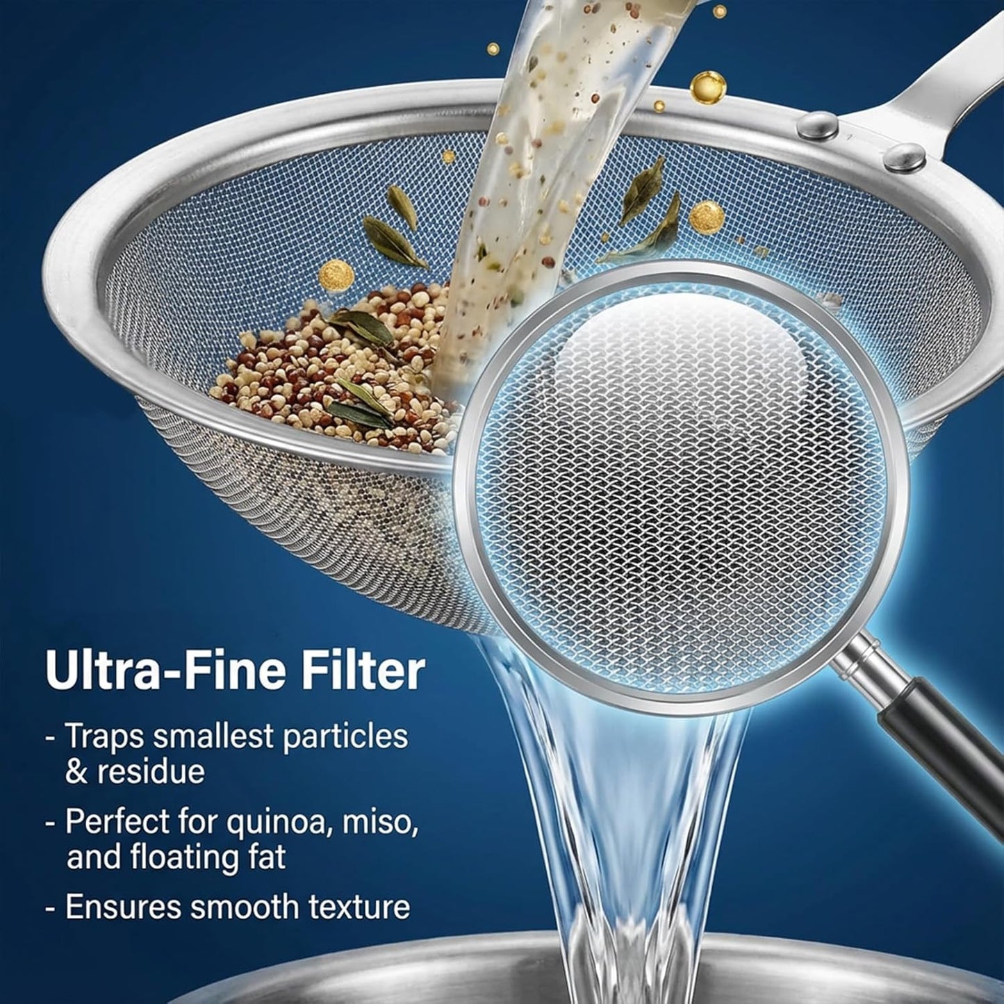 4" Stainless Steel Fat Skimmer Spoon, Kitchen Fine Mesh Food Strainer Multi-Functional Hot Pot Skimmer with Long Handle for Skimming Cooking Frying Grease Gravy Foam