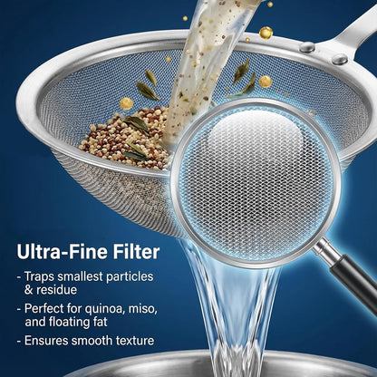 4" Stainless Steel Fat Skimmer Spoon, Kitchen Fine Mesh Food Strainer Multi-Functional Hot Pot Skimmer with Long Handle for Skimming Cooking Frying Grease Gravy Foam