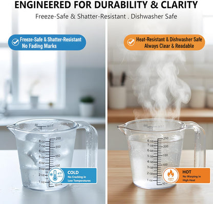 Laser-Etched Measuring Cup Set, 8 oz & 16 oz Clear Plastic Liquid Measuring Cups, Permanent oz/cup/Tbsp/mL Markings, Food-Grade for Baking & Cooking