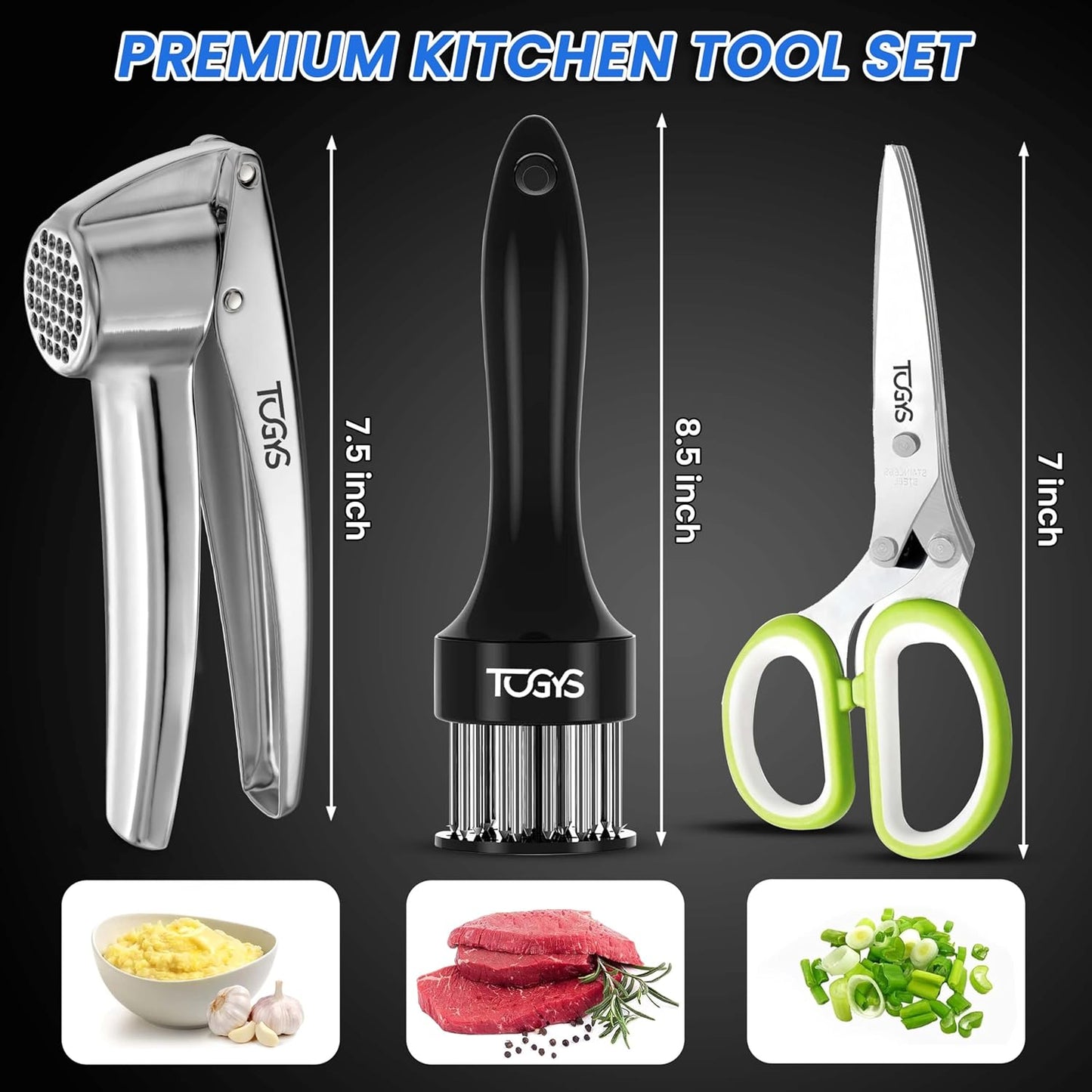 3-in-1 Premium Kitchen Tool Set - Heavy Duty Stainless Steel Garlic Press, Herb Scissors & Meat Tenderizer - Rust-Proof, Dishwasher Safe Cooking Gadgets - Ideal Gift for Home Chefs