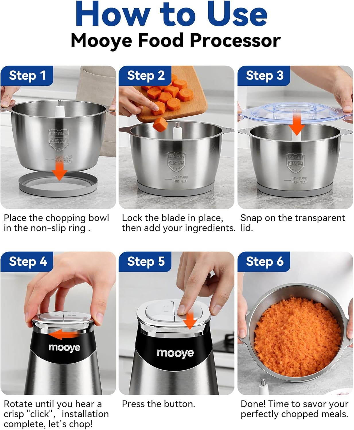 Food Processors Electric Food Chopper with Meat Grinder & Vegetable Chopper - 3 Bowls(8Cup+8Cup+3Cup) with Powerful Copper Motor - Includes 3 Sets of Bi-Level Blades for Fruits/Meat/Nuts