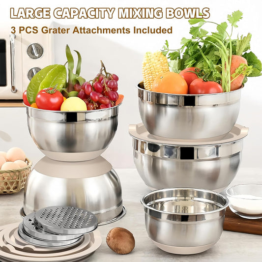 Mixing Bowls with Lids Set,7PCS Stainless Steel Bowls with 3 Grater Attachments and Measuring Spoons,Ideal for Kitchen Cooking & Serving,Non-slip Bottoms Size 6, 4, 3, 2.1,1.5,1,0.63QT (Beige)