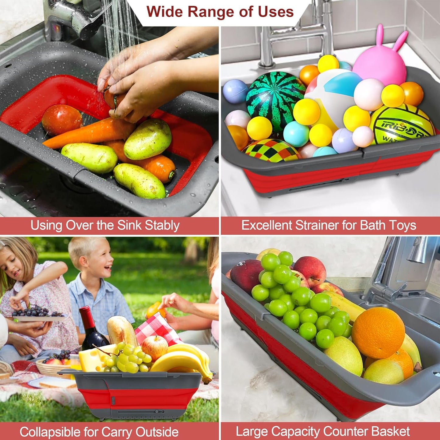 ROTTOGOON 7Qt Collapsible Colander Strainer, Expandable Over the Sink Colander, Adjustable Silicone Kitchen Sink Strainer, Foldable Large Colanders Basket to Wash Vegetable, Fruit, 15" to 19.8", Green