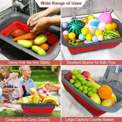 ROTTOGOON 7Qt Collapsible Colander Strainer, Expandable Over the Sink Colander, Adjustable Silicone Kitchen Sink Strainer, Foldable Large Colanders Basket to Wash Vegetable, Fruit, 15" to 19.8", Green