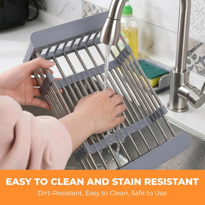 Extend Kitchen Sink Drain Basket, Adjustable Dish Drying Rack Over The Sink, Stainless Steel Kitchen Retractable Drain Sink Accessories Portable & Telescopic Space-Saving Extender for Vegetable, Fruit