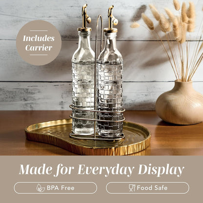 COOK WITH COLOR Glass Olive Oil Bottle Dispenser - 2 Pack- 17oz Oil and Vinegar Cruet - Olive Oil Carafe Decanter for Kitchen, Elegant Waves, Clear