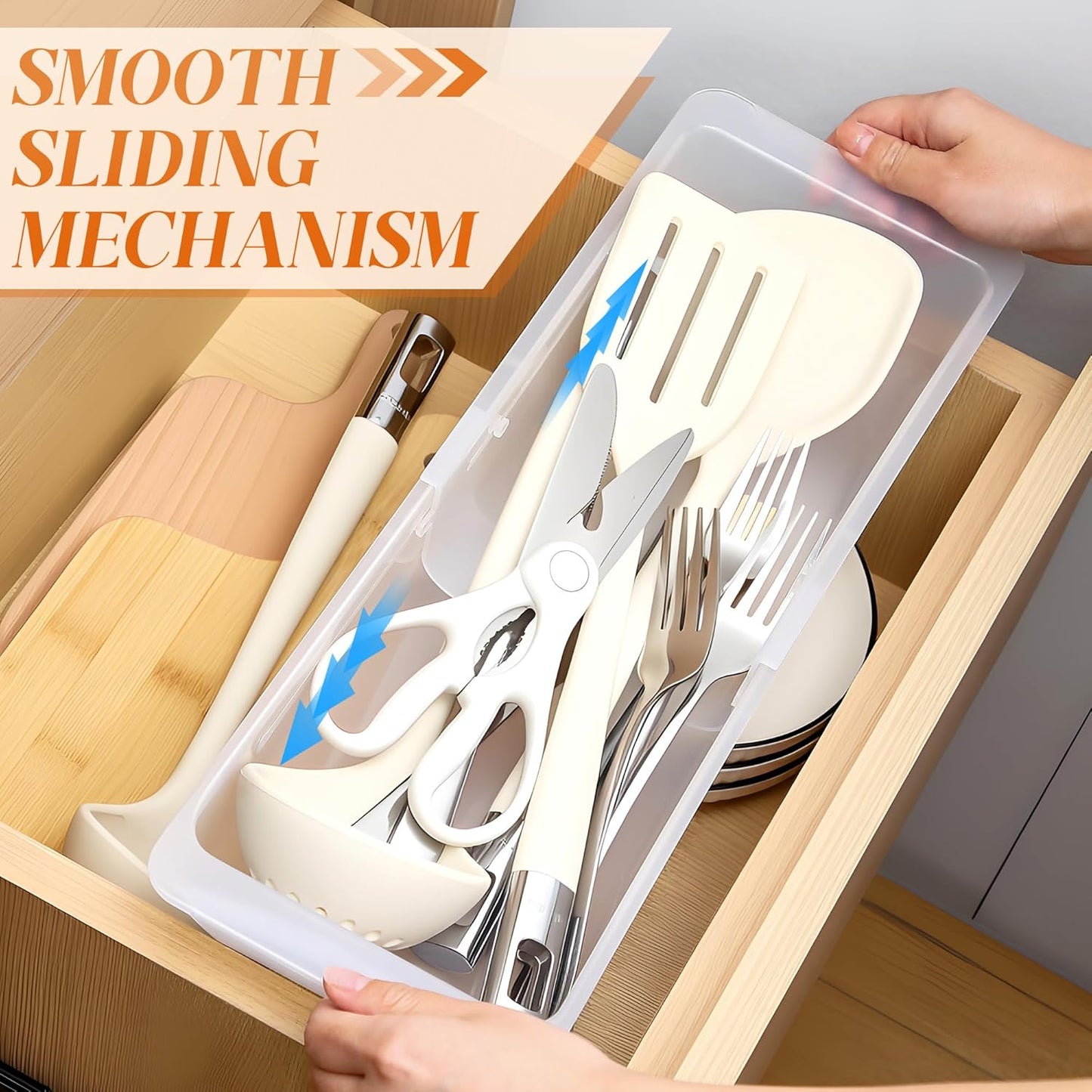 2 Pack Deep Drawer Organizer Bins, Adjustable Sliding Drawer Organizer Bin Expandable Tray for Kitchen Utensils, BBQ Tools, Towels, Durable Plastic Sliding for Easy Storage (12.4" to 18”)