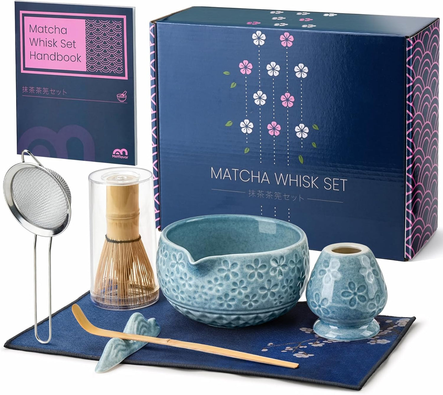 Matcha Whisk Set, Ceramic Bowl Matcha Kit & Handcrafted Bamboo Chasen, Complete 5 Pcs Matcha Set Whisk and Bowl, Stainless Steel Sifter, Bamboo Scoop & Holder for Matcha Lovers