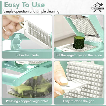 Vegetable Chopper 16 in 1 with Container, Veggie Chopper Food Chopper and Dicer, Onion Chopper Vegetable Cutter with 8 Stainless Steel Blades, Easy Meal Prep Kitchen Tool, Green
