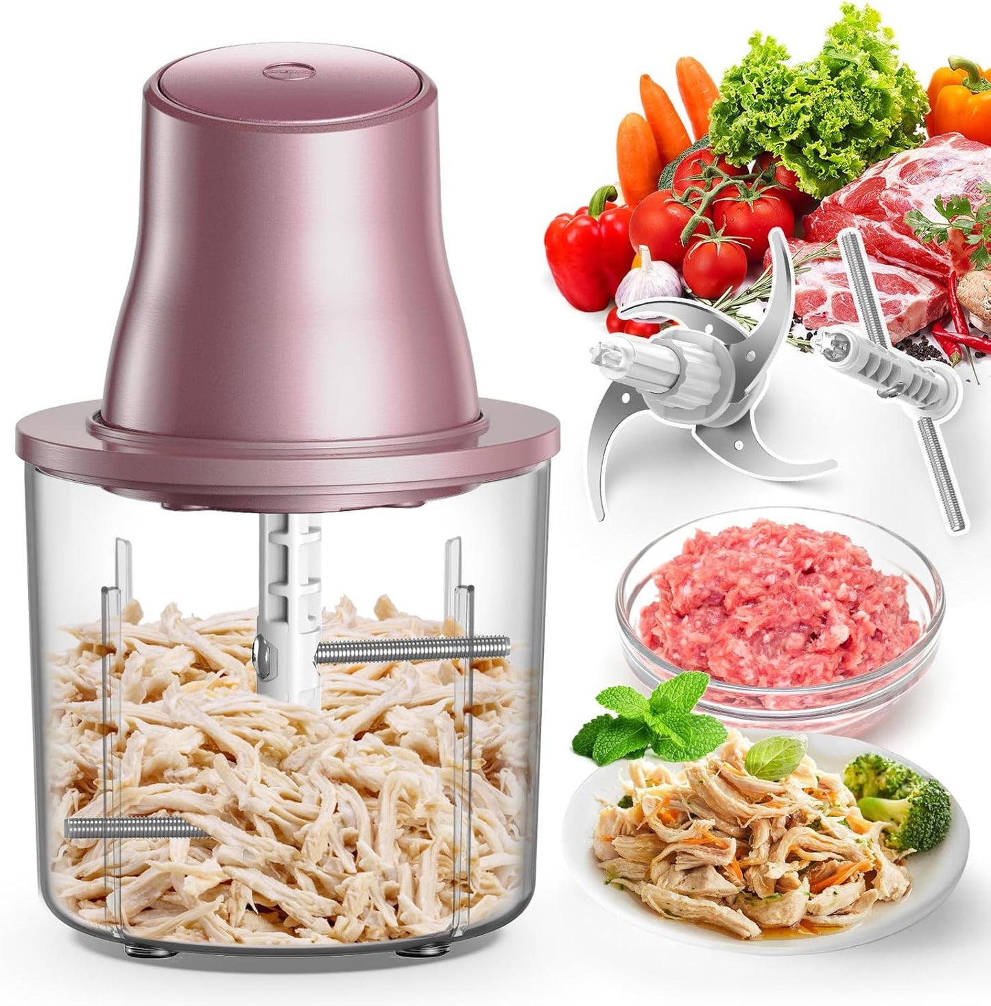 Food Processors, 2 IN 1 Electric Chicken Shredder &Food Chopper with 250W Copper Motor,1.5L Bowls & 2 Bi-Level Blades,One-Touch Electric Chicken Breast Shredder Tool-Smart Overheat Protection